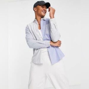 Pull&Bear Men's Blue and White Striped Button Down Shirt